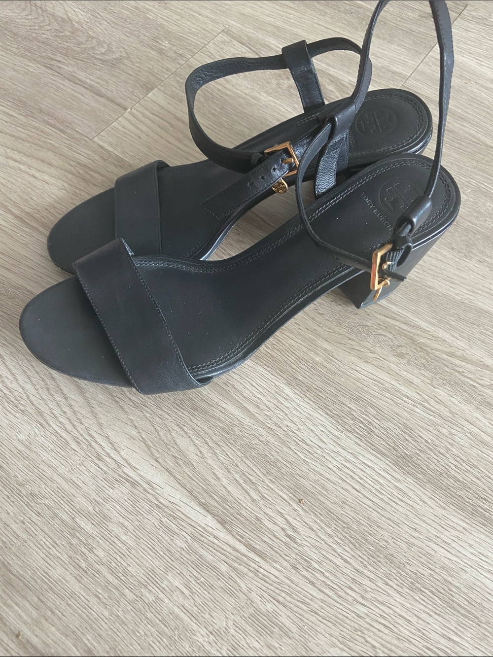Tory Burch Black Leather Ankle-Strap Block Heel Sandals